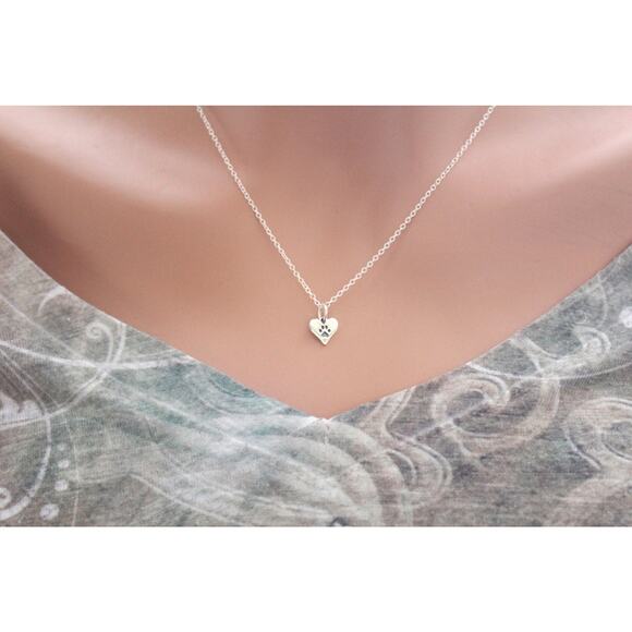Sterling Silver Tiny Heart Paw Print Necklace - Picture 2 of 5